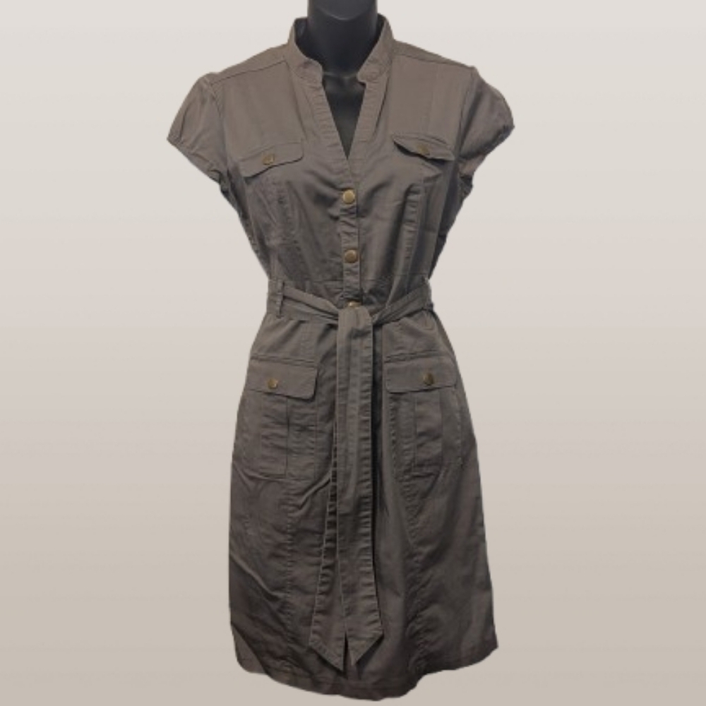 H&M Gray Cotton Classic Belted Military Style Dress Size 8 ☁️